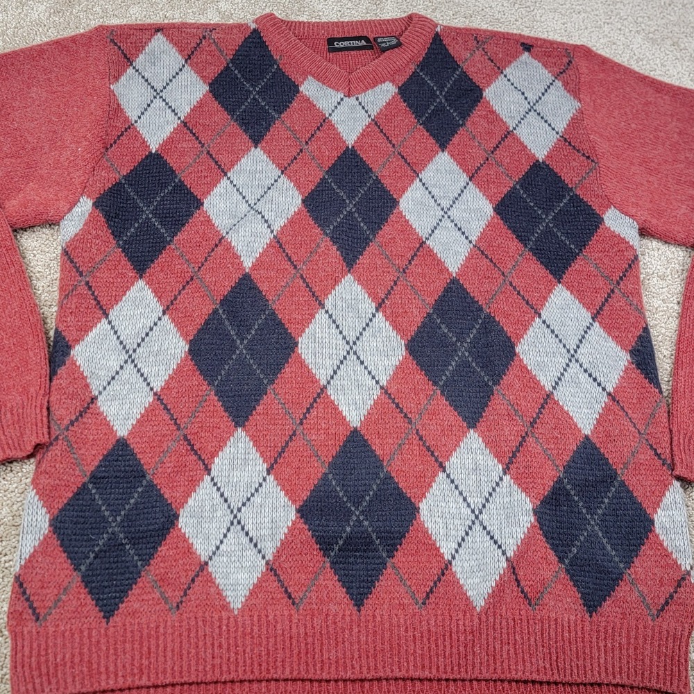 Cortina Mens Argyle V-Neck Sweater Red Navy Blue Grey Knit Pullover Size Large